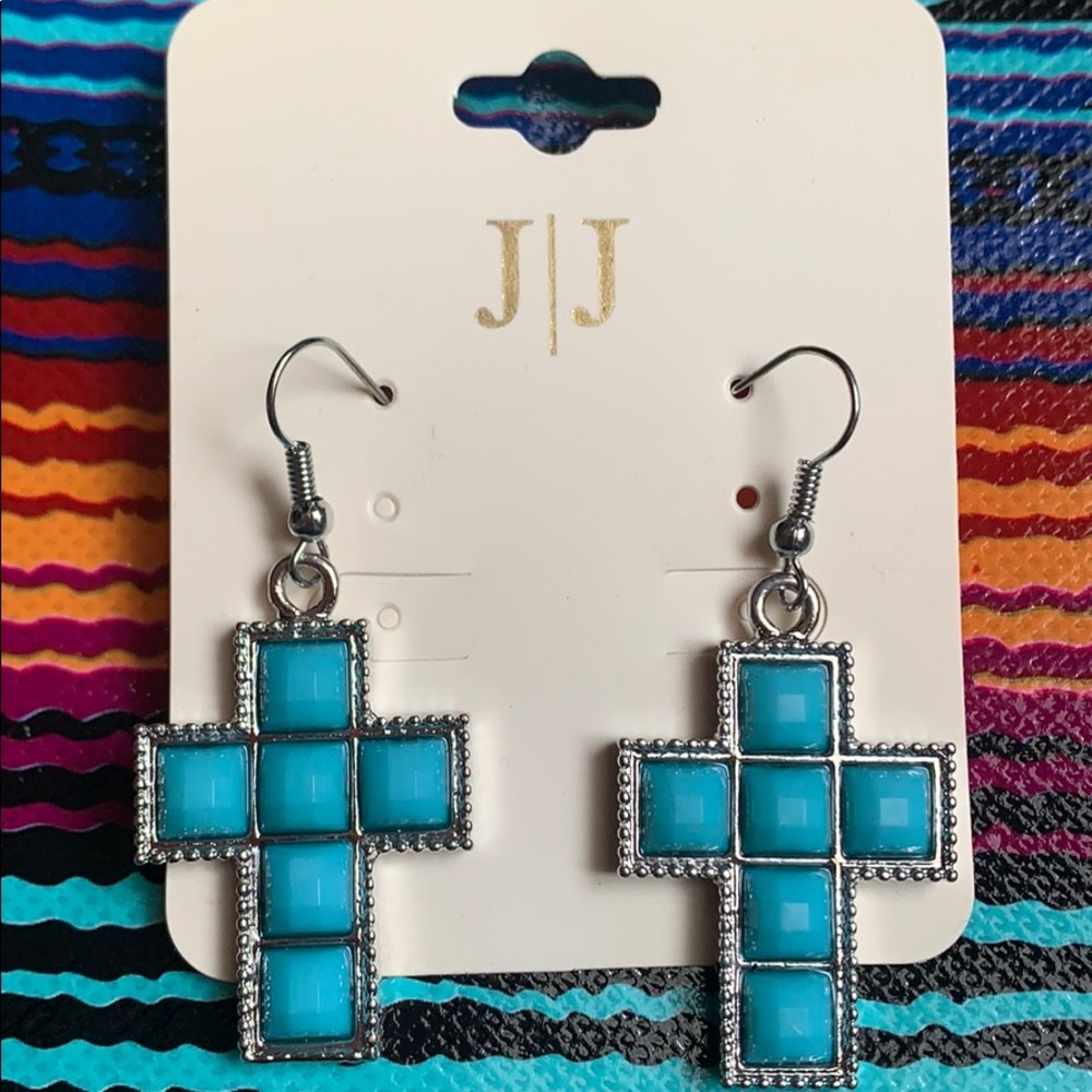 Southwestern Cross Dangle Earrings Turquoise